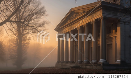 A Neo-Classical entablature with stoic pillars stands gracefully, exuding timeless elegance in dawns gentle fog. 118267824
