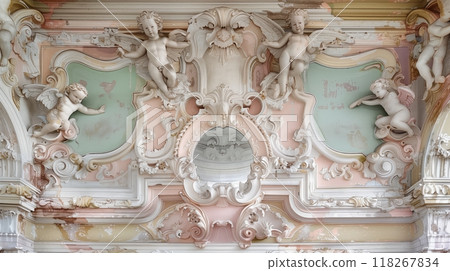 A pastel Rococo entablature with cherubs reflects daylight, enhancing the opulent ambiance elegantly. 118267834