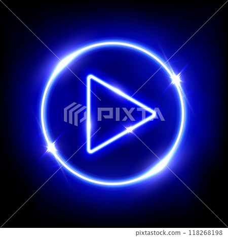 Neon blue play button 3d vector illustration. Abstract shiny circle ring on black background with glowing triangle. Play icon, Press to start. Multimedia, audio, video, cinema, music Neon blue play button 3d vector illustration. Abstract shiny circle ring on black background with glowing triangle. Play icon, Press to start. Multimedia, audio, video, cinema, music 118268198