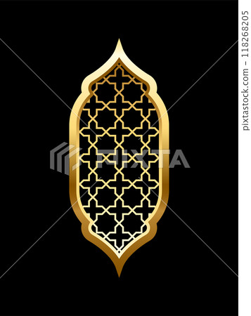 Islam window with pattern vector illustration isolated on black background. Oriental ornament, traditional Arabian design elements of decor, muslim gold frame Islam window with pattern vector illustration isolated on black background. Oriental ornament, traditional Arabian design elements of decor, muslim gold frame 118268205