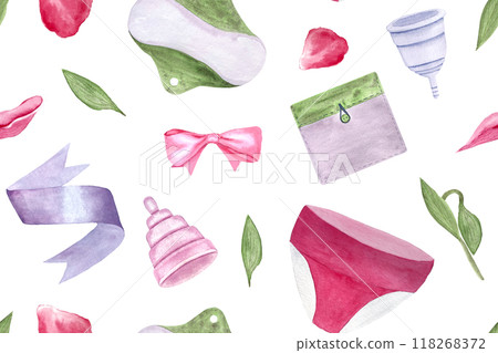 Reusable period pad, cups, pantie watercolor seamless pattern isolated on white. Perfect for menstrual care design, advertisements, packaging, cards, banners. Hand drawn art in pink, grey, green tones 118268372