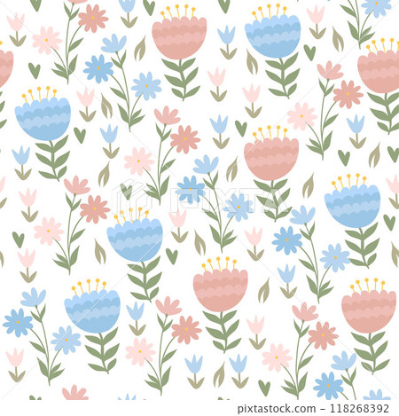 Seamless pattern with cute spring flowers. Vector graphics. 118268392