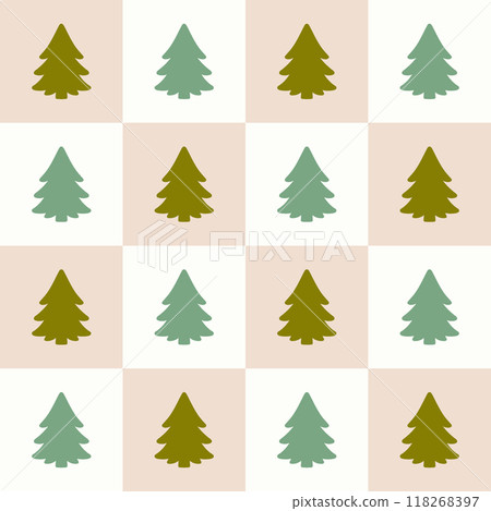 Seamless checkered pattern with fir trees. Vector graphics Seamless checkered pattern with fir trees. Vector graphics 118268397