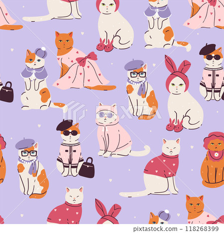 Seamless pattern with cute fashionable cats. Vector graphics. 118268399