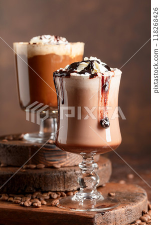 Chocolate drinks with whipped cream. Chocolate drinks with whipped cream. 118268426