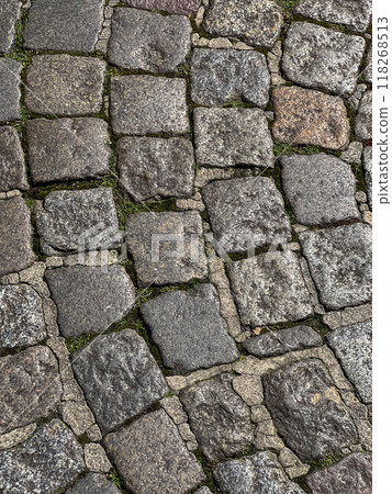 Abstract background, Old cobblestone close-up, top view. Texture of paving slabs 118268513
