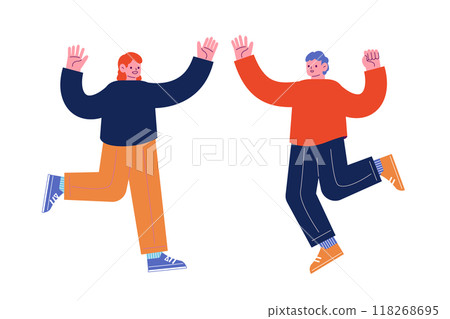 歡快的朋友們擊掌。快樂的人們微笑著跳舞。卡通人物向量圖 118268695