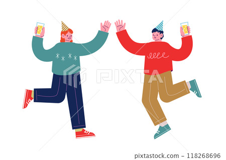 歡快的朋友一起喝酒並享受聚會來慶祝節日。快樂的人們微笑著跳舞。漫畫紀 118268696