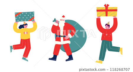 Young people welcoming Santa Claus who brought them presents. Cheerful people enjoying a Christmas party together. 118268707