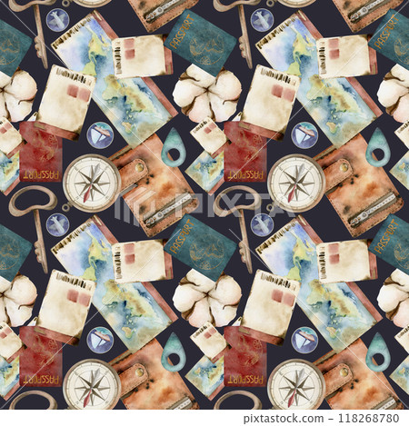Old leather vintage wallet, world passport id document, ticket coupon permit key, compass. Watercolor hand drawn art. Seamless pattern. Design for tourism, travel, brochure, wedding, guide, print. Old leather vintage wallet, world passport id document, ticket coupon permit key, compass. Watercolor hand drawn art. Seamless pattern. Design for tourism, travel, brochure, wedding, guide, print. 118268780