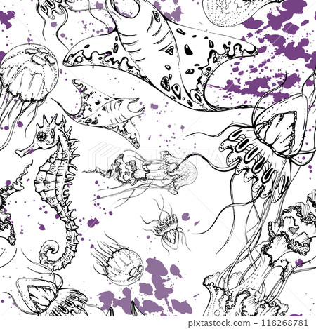 Marine life, sea ocean underwater creatures fish, shells algae seaweed, Ink and pen sketch hand drawn. Seamless pattern illustration, stylized, isolated on white. Zoo shop, aquarium, cosmetics, resort Marine life, sea ocean underwater creatures fish, shells algae seaweed, Ink and pen sketch hand drawn. Seamless pattern illustration, stylized, isolated on white. Zoo shop, aquarium, cosmetics, resort 118268781