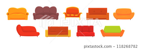 Comfortable Sofa and Couch as Apartment Furniture Vector Set Comfortable Sofa and Couch as Apartment Furniture Vector Set 118268782