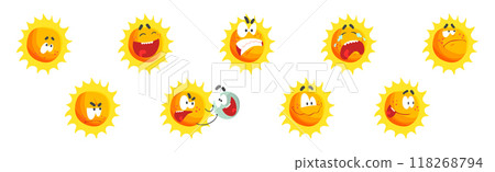 Funny Sun Character with Rays and Face Emotion Vector Set Funny Sun Character with Rays and Face Emotion Vector Set 118268794