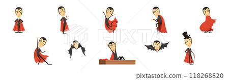 Count Dracula Character with Fangs Wearing Red Cape Vector Set 118268820