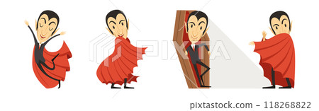 Count Dracula Character with Fangs Wearing Red Cape Vector Set 118268822