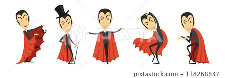 Count Dracula Character with Fangs Wearing Red Cape Vector Set 118268837