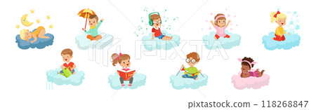 Smiling Kids Sitting on Soft Cloud and Doing Different Things Vector Illustration Set Smiling Kids Sitting on Soft Cloud and Doing Different Things Vector Illustration Set 118268847