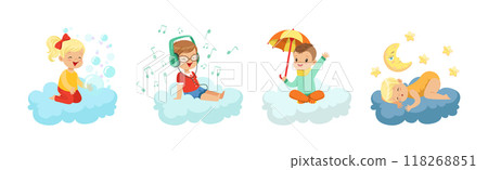 Smiling Kids Sitting on Soft Cloud and Doing Different Things Vector Illustration Set Smiling Kids Sitting on Soft Cloud and Doing Different Things Vector Illustration Set 118268851