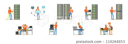 Young Man Sysadmin Character Working on Computer Doing Technical Work with Server Vector Set Young Man Sysadmin Character Working on Computer Doing Technical Work with Server Vector Set 118268853