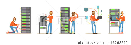 Young Man Sysadmin Character Working on Computer Doing Technical Work with Server Vector Set Young Man Sysadmin Character Working on Computer Doing Technical Work with Server Vector Set 118268861