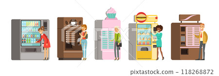 People Character at Vending Machine Buying Snacks Vector Set 118268872