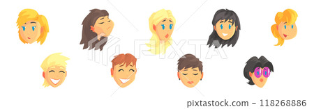 People Character Avatar and Head with Different Face and Hairstyle Vector Set 118268886