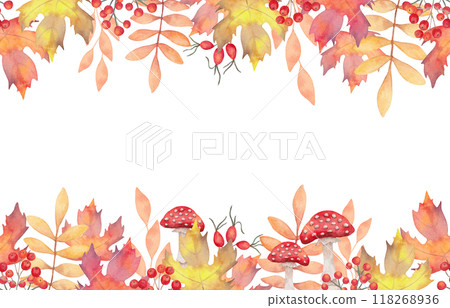 Autumn banner with rowan berries, rose hips and mushrooms with maple leaves. Watercolor illustration. Hand drawn isolated botanical frame. Horizontal border for Thanksgiving, Halloween quotes. 118268936
