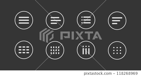 Menu for apps and web Hamburger Menu dropdown in circle. Set interface icons, popup bar, template. Application list burger button 118268969