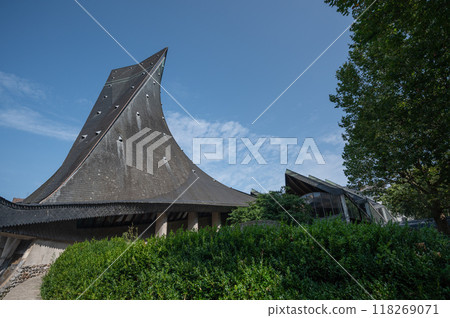 August 4, 2023. St Joan of Arc's Catholic Church, Rouen, France. Huge stained glass windows in the August 4, 2023. St Joan of Arc's Catholic Church, Rouen, France. Huge stained glass windows in the 118269071