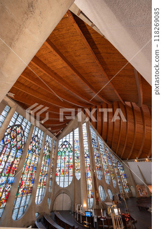 August 4, 2023. St Joan of Arc's Catholic Church, Rouen, France. Huge stained glass windows in the 118269085