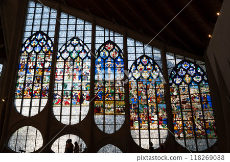 August 4, 2023. St Joan of Arc's Catholic Church, Rouen, France. Huge stained glass windows in the August 4, 2023. St Joan of Arc's Catholic Church, Rouen, France. Huge stained glass windows in the 118269088