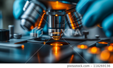 Microscope Lens Focusing on Sample. Generative AI-插圖素材 [118269136 ...