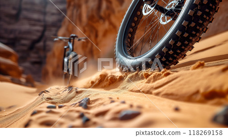 Close Up of Mountain Bike Tire Rolling Over Sandy Trail at Sunset. Generative AI 118269158