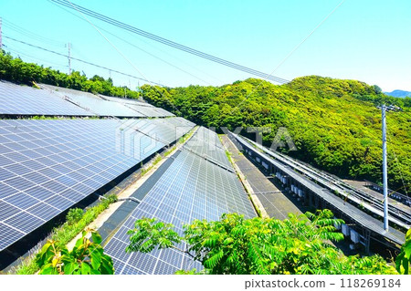 A mega solar power plant built on the slope of a mountain A mega solar power plant built on the slope of a mountain 118269184