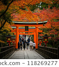 Tourists passing through a torii gate amid autumn leaves 118269277