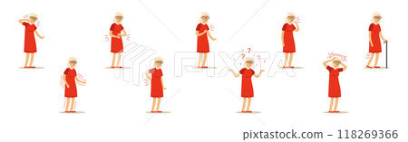 Elderly Woman Character Suffer from Ache in Different Body Part Vector Set 118269366