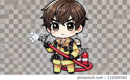 一個可愛的消防員拿著軟管的插圖 118269560