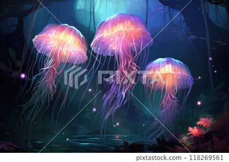 Luminescent jellyfish guardians, illuminating the depths of the ocean with their glow - Generative AI 118269561