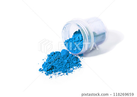 blue pigment, dry paint on a white background, macro 118269659
