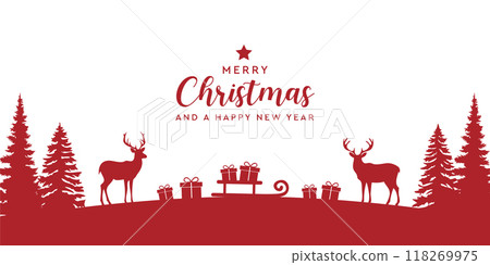 christmas greeting card with deer and gifts in winter landscape vector illustration 118269975