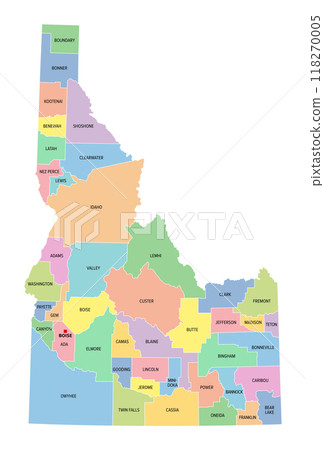 Idaho, U.S. state, subdivided into 44 counties, multi colored political map with capital Boise, borders and county names. State in the Mountain West region of the USA. Gem State, or also Potato State. 118270005