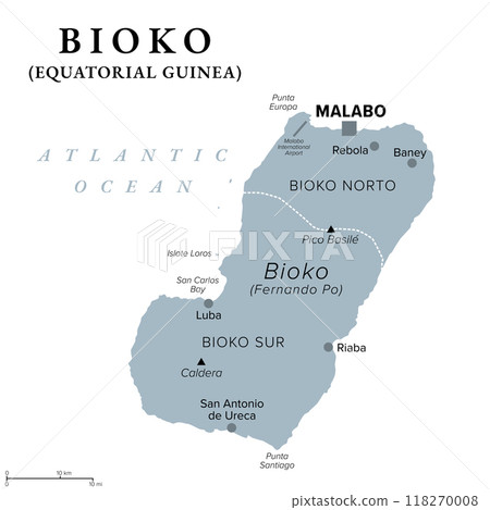 Bioko, island off the coast of Africa, gray political map. Historically Fernando Po, the northernmost part of Equatorial Guinea with capital Malabo. Part of Cameroon line, a chain of volcanic islands. 118270008