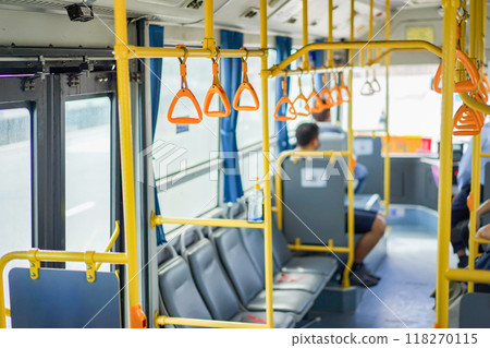 environment Inside air conditioner Thailand Bangkok public Bus with holders, seats and doors in it 118270115