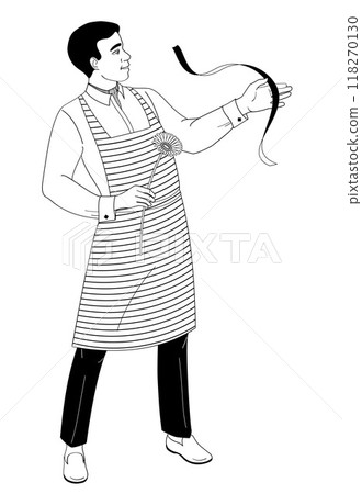 florist African American male character, man in apron with ribbon and gerbera flower 118270130