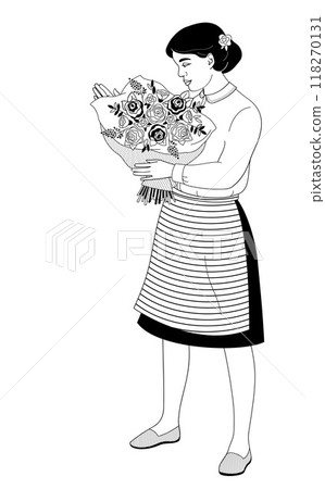 florist African American female character, women in apron with bouquet of roses flowers florist African American female character, women in apron with bouquet of roses flowers 118270131