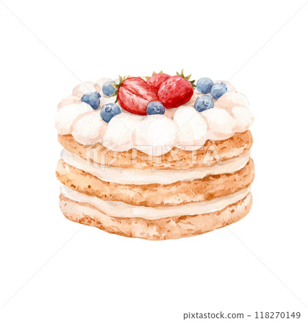 Beautiful vector stock illustration with watercolor hand drawn delicious dessert. Clip art. Cake illustration for menu design. 118270149