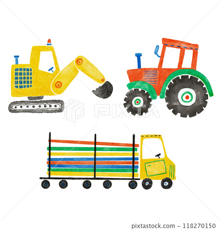 Beautiful vector childish set with hand drawn watercolor kid toys illustrations. Construction equipment concrete mixer dump truck excavator tractor clip art. 118270150