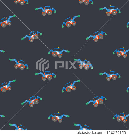 Beautiful vector childish seamless pattern with hand drawn watercolor kid toys illustrations. Construction equipment concrete mixer dump truck excavator tractor. 118270153