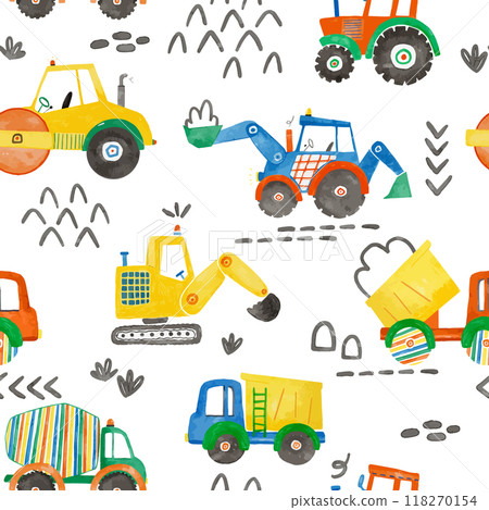 Beautiful vector childish seamless pattern with hand drawn watercolor kid toys illustrations. Construction equipment concrete mixer dump truck excavator tractor. 118270154