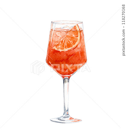 Watercolor Aperol spritz illustration. Alcohol long drink clipart. Glass of cocktail. Club shake beverage hand drawn illustration. Stock print. Watercolor Aperol spritz illustration. Alcohol long drink clipart. Glass of cocktail. Club shake beverage hand drawn illustration. Stock print. 118270168